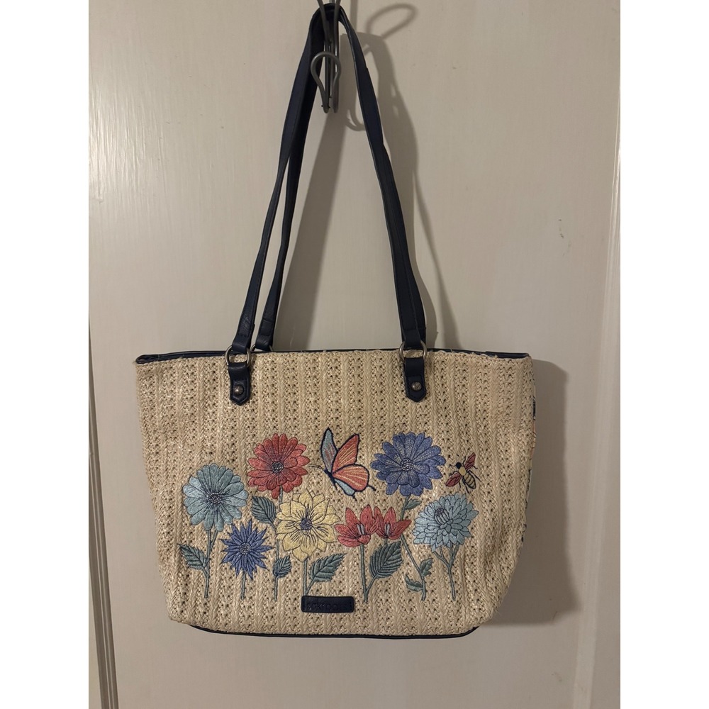 Sakroots Floral Embroidered Straw Tote Bag Navy Blue Butterfly Bee Summer Beach